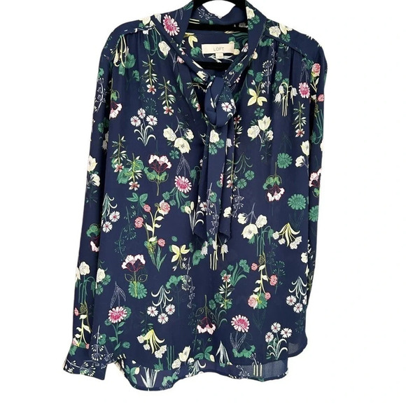NWOT LOFT Women's Navy Blur Floral Long Sleeve Neck Tie Blouse in Size Large - Picture 3 of 8
